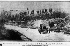 267. Type 13, Chassis # 2059, Reg. CT 6559 Kop Hill, February 1925. "Cordon Bleu", F.W. Giveen. Spectator (arrowed) injured when the Bugatti left the road at around 70mph. Photo taken just past point of accident. Ref. Motor, 1 March 1925, page. 100. See picture 264.